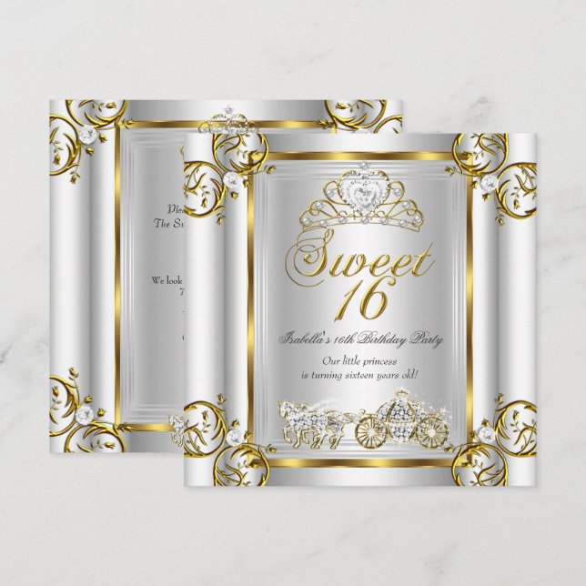 Sagolik Sweet 16 16-årsdag Guld Silver 3 Inbjudningar (Fram/baksida)