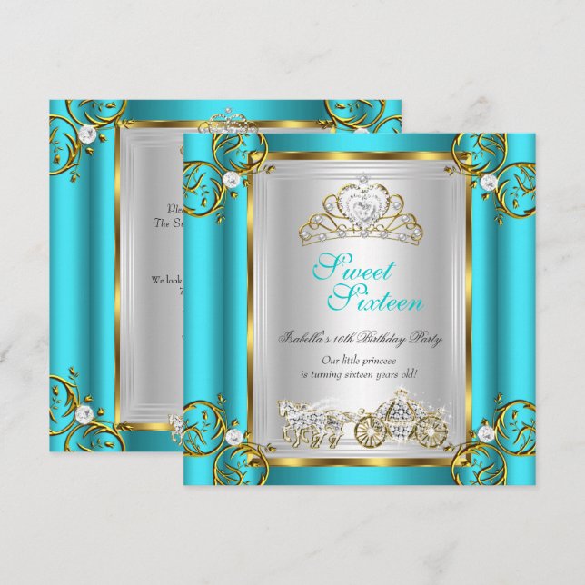 Sagolik Sweet 16 16-årsdag Turkos Teal 2 Inbjudningar (Fram/baksida)