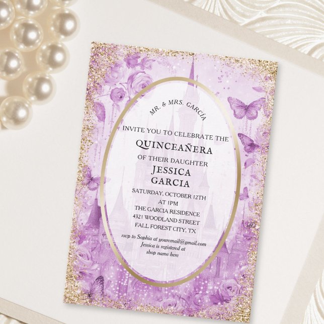Sagolika Förtrollade Skogen Slott Quinceañera  Inbjudningar (Fairytale Enchanted Forest Castle Quinceañera Invitation)