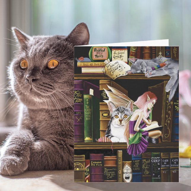 Sagolika magiska katters förtrollade bibliotekböck kort (Skapare uppladdad)