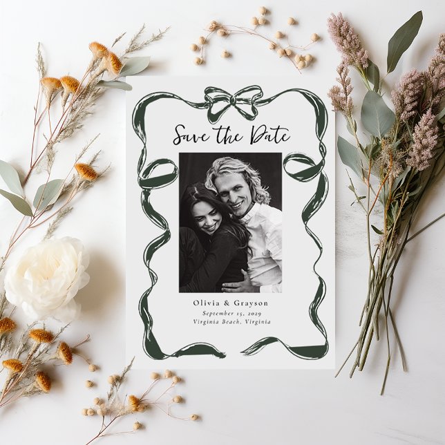 Sagoliknande Foto med Slinga Spara Datum Datumet (Whimsical Bow Photo Save the Date )
