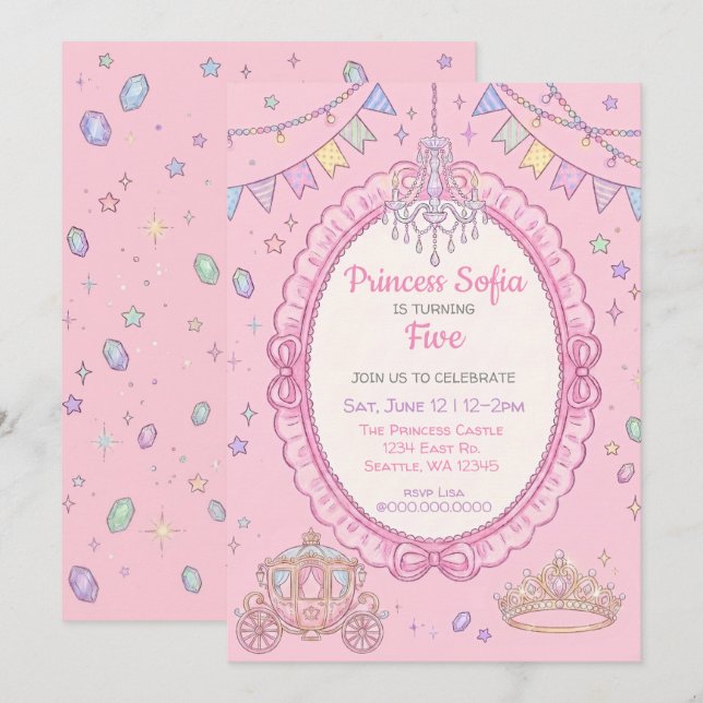 Sagoliknande rosa prinsessfödelsedag inbjudningar (Fram/baksida)