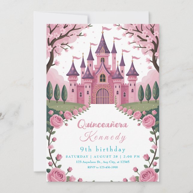 Sagoliknande Rosa Slott Prinsessa Födelsedag Inbjudningar (Framsida)