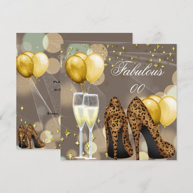Sagolikt Guld Beige Leopard Champagne Party Inbjudningar (Fram/baksida)