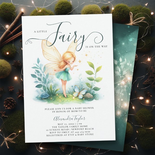 Sagolikt invigningsparty för babyflicka med smarag inbjudningar (a little fairy girl baby shower invitation enchanted forest garden butterfly emerald gold classy)