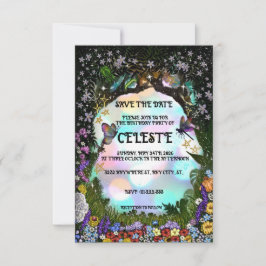 Sagolikt magiskt skogsrike spara datumet