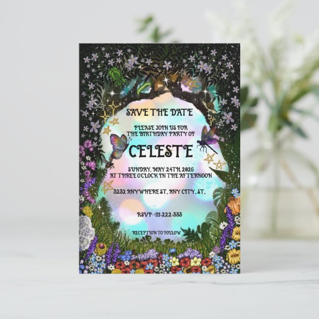 Sagolikt magiskt skogsrike spara datumet (Stående Fram)