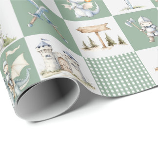 Sagolikt slott med drakar och riddare baby pojke presentpapper