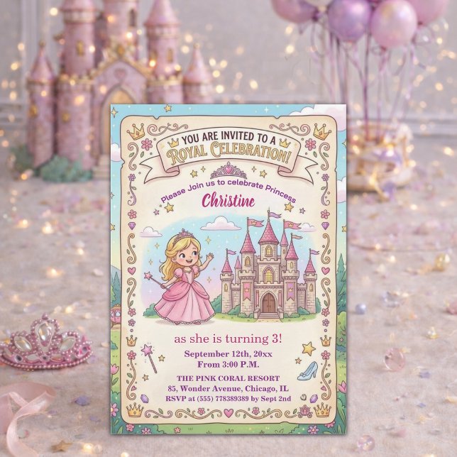 Sagolikt slott prinsessa 3-års födelsedagsfest inbjudningar (Skapare uppladdad)