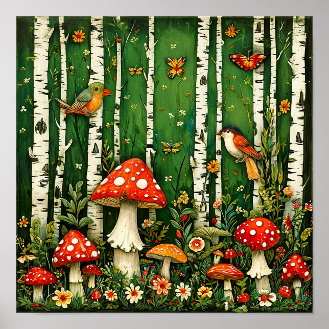 🍄 Sagomässiga Svampar Och Fåglar Förtrollad Skog Poster (Framsidan)