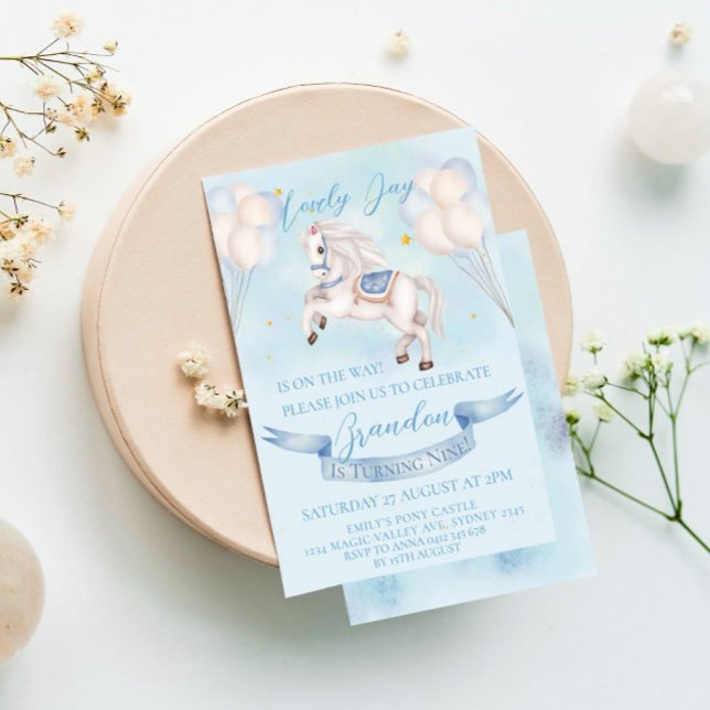 Sagoponnyballonger 1-års födelsedagsfest Pojke Inbjudningar (Skapare uppladdad)