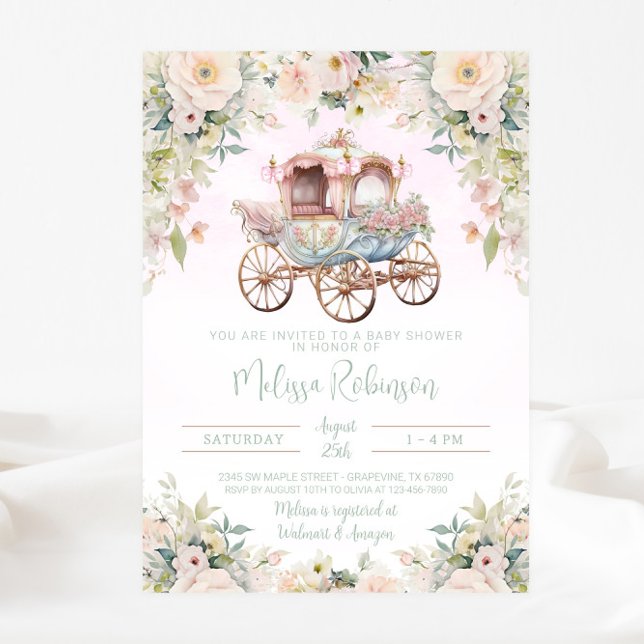 Sagoprinsessa vagn flicka vattenfärg blommig inbjudningar (Beautiful fairytale princess carriage baby shower invitation. Simply add your event details.)