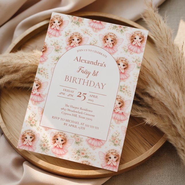 Sagoprinsessans 1-årsdag Rosa Trädgård Inbjudningar (Skapare uppladdad)