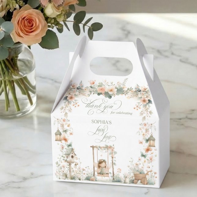 Sagoprinsessans födelsedagsfest presentaskar (thank you elegant floral garden fairy first birthday party personalized favor box)