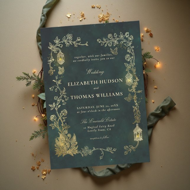 Sagostory Emeraldgrön Lantern Fairycore Bröllop Inbjudningar (fairytale wedding invitation enchanted forest woodland fairycore lanterns emerald green gold)