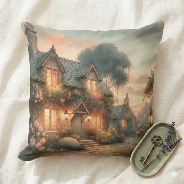 Sagostuga vid solnedgång med rosor kudde (Fairytale Cottage at Sunset with Roses Throw Pillow Mockup A)