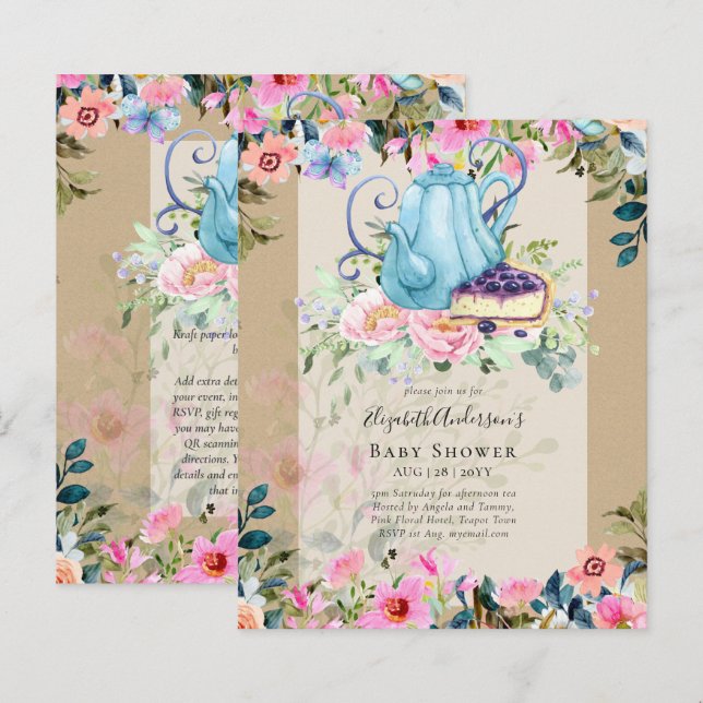 Sagostund Tea Party Baby Shower-inbjudningar (Fram/baksida)