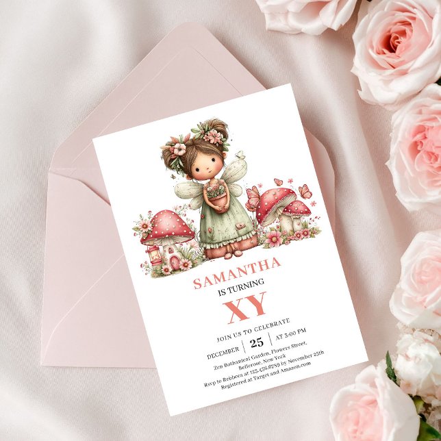 Sagotema 6-års födelsedagsinbjudan Rosa Svamp Inbjudningar (Fairy Theme 6th Birthday Pink Mushroom Invitation)