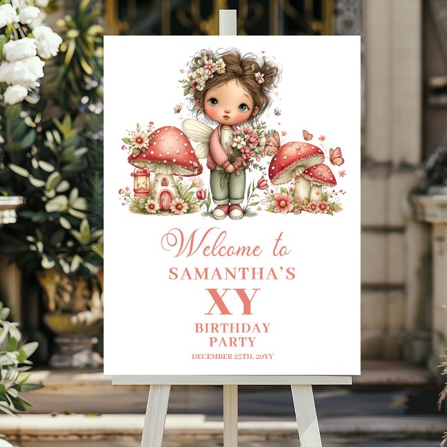 Sagoträdgård 7-års födelsedag Söt blommig välkomst Poster (Fairy Garden 7th Birthday Cute Floral Welcome Poster)