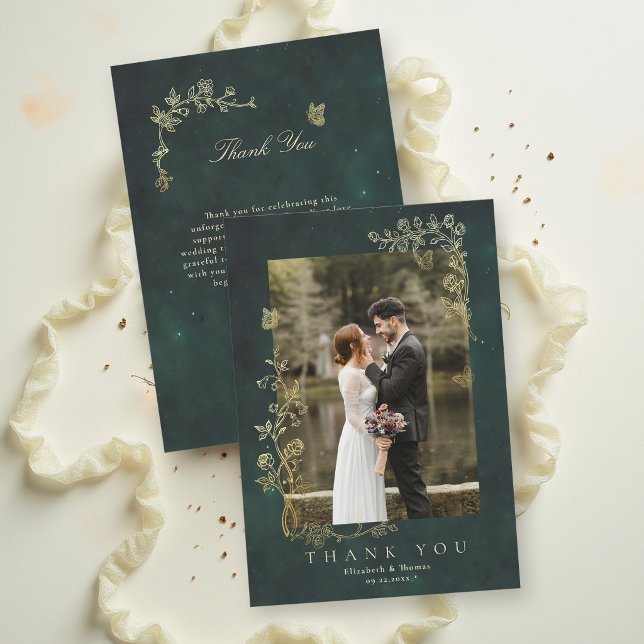 Sagovärld Skogsmiljö Smaragdgrön Magisk Bröllopsfe Tack Kort (fairycore woodland enchanted forest emerald green faux gold wedding photo thank you card roses wild)