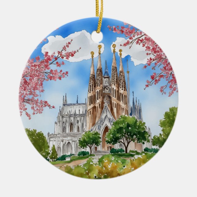 Sagrada Familia Barcelona Spain Watercolor Julgransprydnad Keramik (Framsidan)