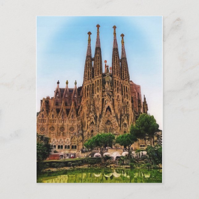 Sagrada Familia, Barcelona, Spanien (målat) Vykort (Framsida)