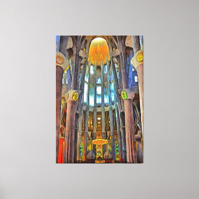 Sagrada Familia. Visa insidan vid solnedgång. Canvastryck (Framsida)