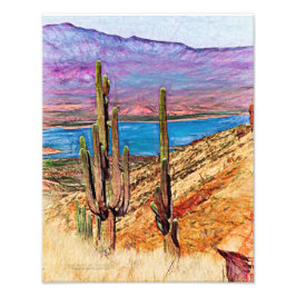 Saguaro Cacti Blue Sjö Lila Mountaines Arizona Fototryck
