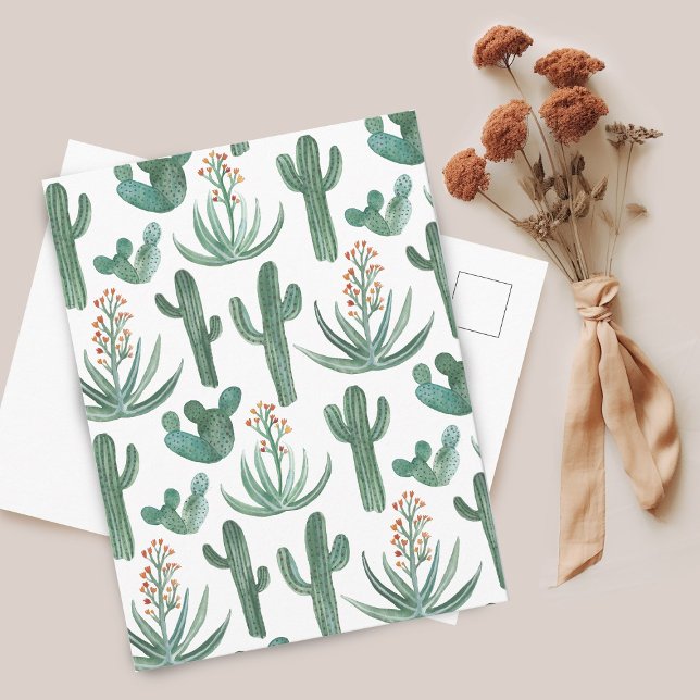 Saguaro Cactus Aloe Watercolor Mönster Simple Chic Vykort (Saguaro Cactus Aloe Watercolor Pattern Simple Minimal Postcard
)