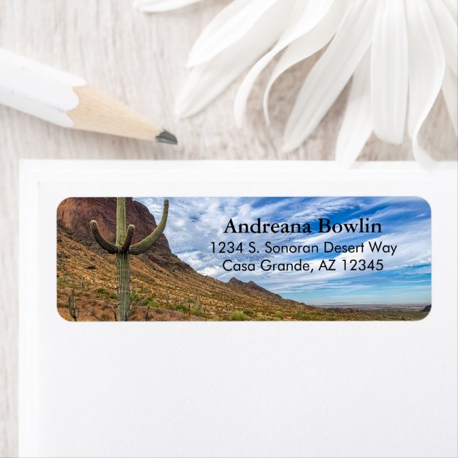 Saguaro Cactus Arizona Blå himmel Dramatic Clouds Returadress Etikett (Insitu)
