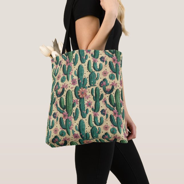 Saguaro Cactus Blommigt Seamless Mönster Tygkasse (Närbild)