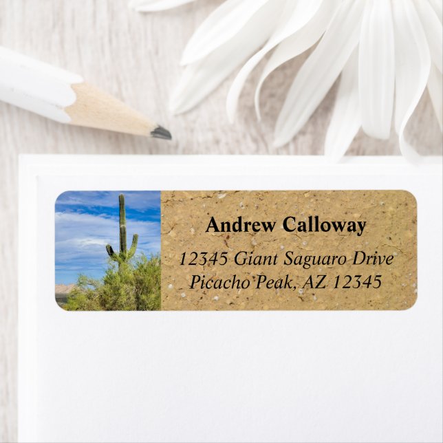 Saguaro Cactus Grönt Palo Verde Träd Arizona Returadress Etikett (Insitu)