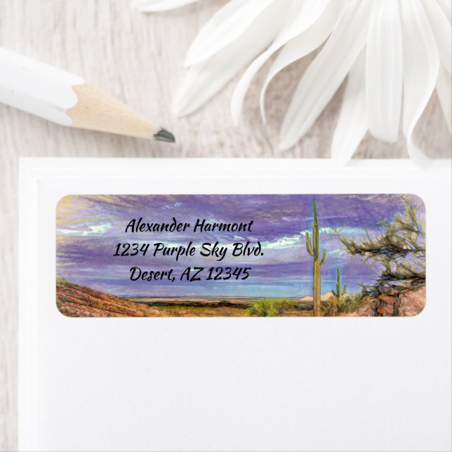 Saguaro Cactus Lila Himlar Arizona Desert View Returadress Etikett (Insitu)