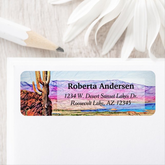 Saguaro Cactus Lila Mountians Blue Sjö Arizona Returadress Etikett (Insitu)