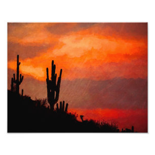 Saguaro Cactus Silhouette Arizona Red Sunset Fototryck