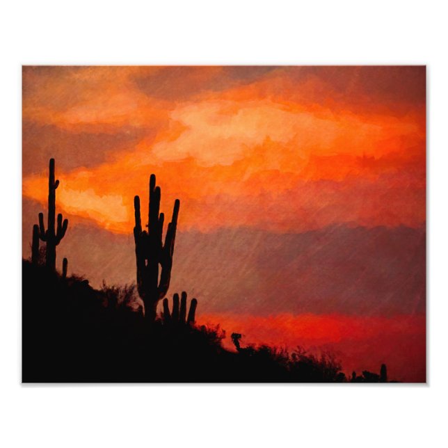 Saguaro Cactus Silhouette Arizona Red Sunset Fototryck (Framsidan)
