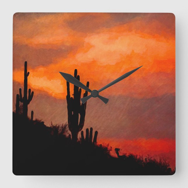 Saguaro Cactus Silhouette Arizona Red Sunset Fyrkantig Klocka (Framsida)