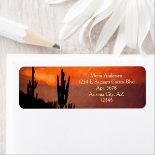 Saguaro Cactus Silhouette Arizona Red Sunset Returadress Etikett