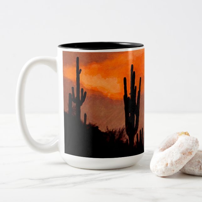 Saguaro Cactus Silhouette Arizona Red Sunset Två-Tonad Mugg (Med munk)