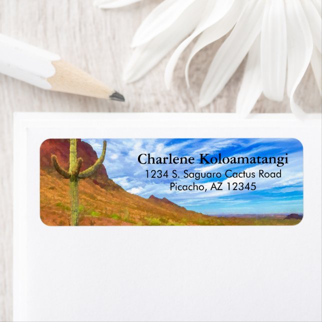 Saguaro Cactus Sonoran Desert Blå himmel Clouds Returadress Etikett (Insitu)