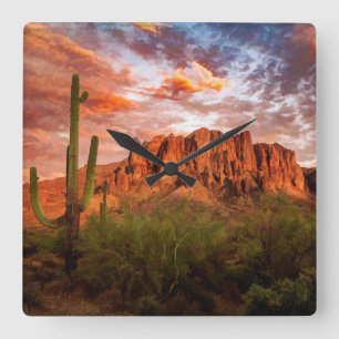 Saguaro Cactus Superstition Mountain Sunset Art Fyrkantig Klocka
