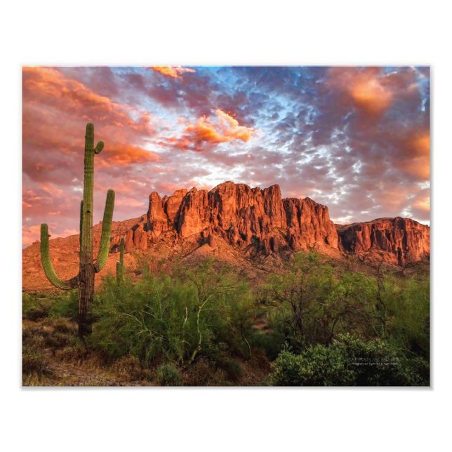 Saguaro Cactus Superstition Mountain Sunset Clouds Fototryck (Framsidan)