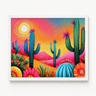 Saguaro Kactus Blommor Rosa Orange Målning Poster