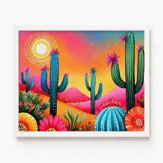 Saguaro Kactus Blommor Rosa Orange Målning Poster
