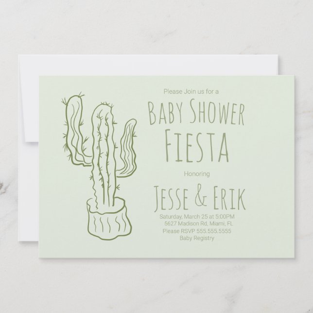 Saguaro Kaktus Handritad Grön Bebis Shower Inbjudningar (Framsida)