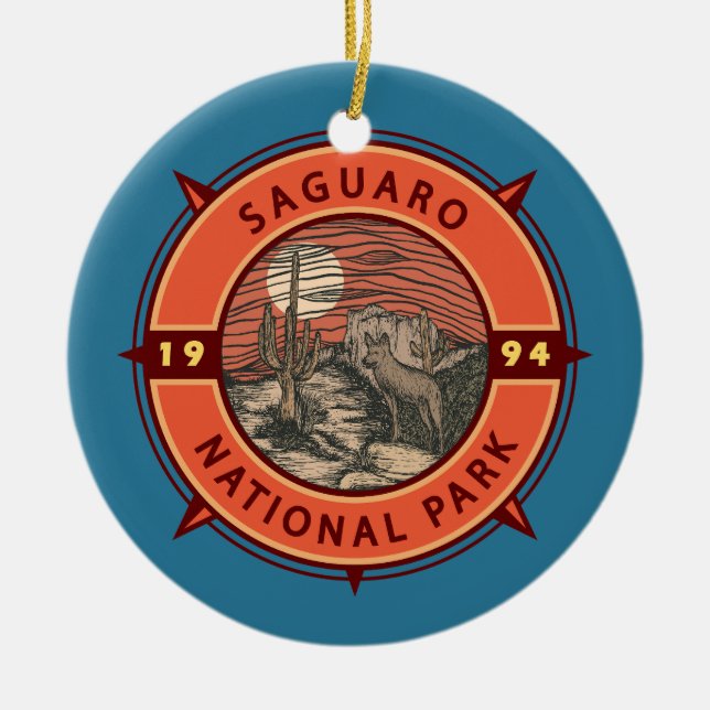 Saguaro nationalpark Coyote Retro Compass Emblem Julgransprydnad Keramik (Framsidan)