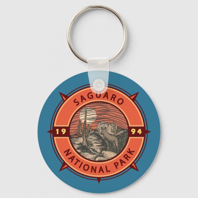 Saguaro nationalpark Coyote Retro Compass Emblem Nyckelring (Framsida)