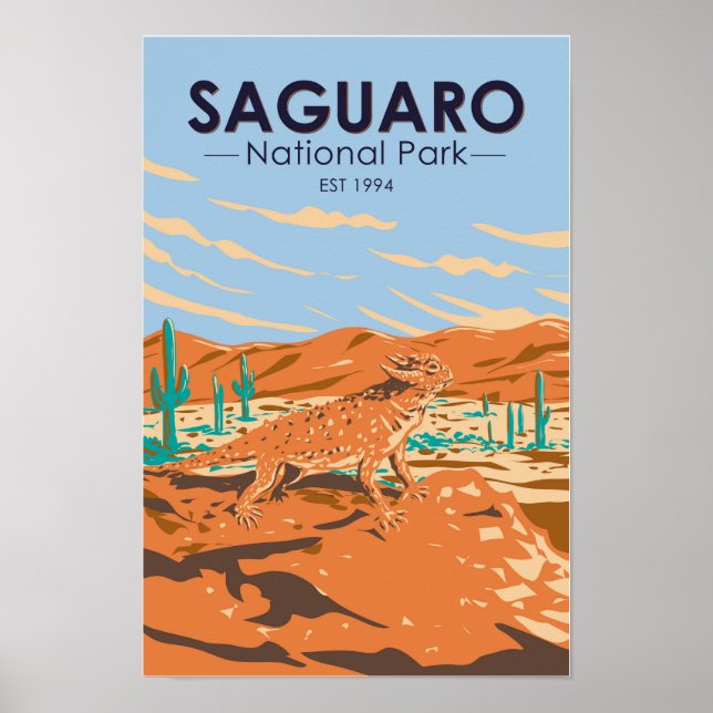 Saguaro nationalpark hornad ödla vintage poster (Framsidan)