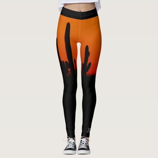 Saguaro Sunset Orange and Black, Personlig Namn Leggings (Framsida)