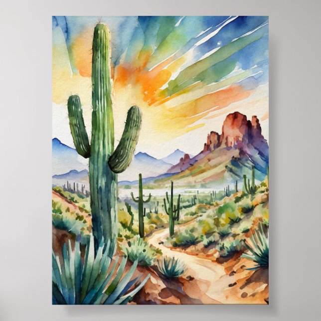 Saguaro Watercolor Art Skriv ut Poster (Framsidan)